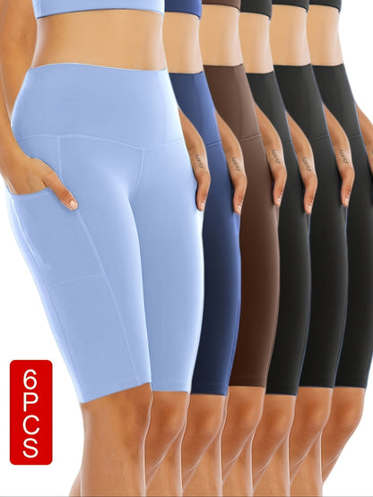 6pcs Set Of Women's Cycling Shorts with Pockets, High Waist Belly-closing Exercise Yoga Running Fitness Tennis Shorts Large Size Sports Shorts