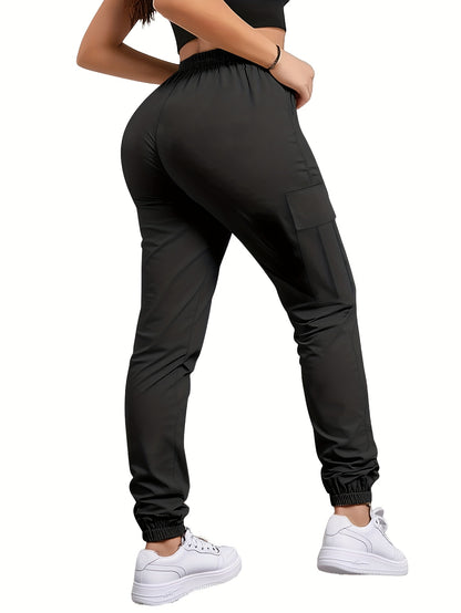 Women'S Zippered Pocket Cargo Pants, Stylish Large Pocket Design, Drawstring Elastic Waistband, Casual Outdoor/everyday Wear Trousers