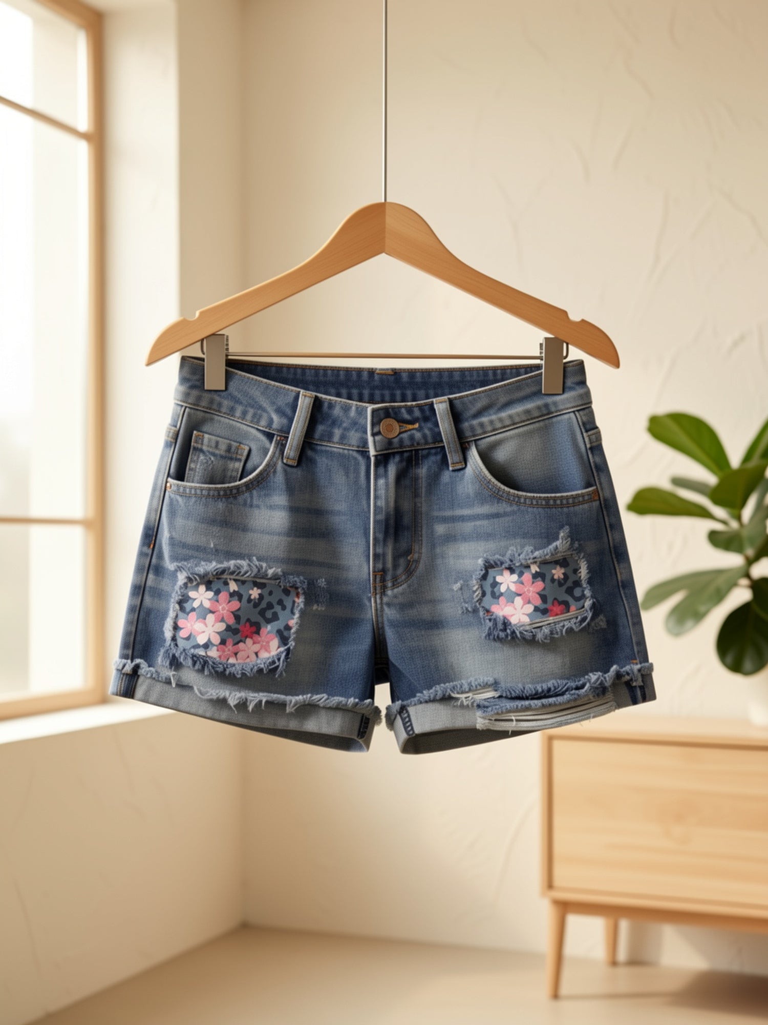 Women's Blue Denim Floral Denim Shorts - product view 7