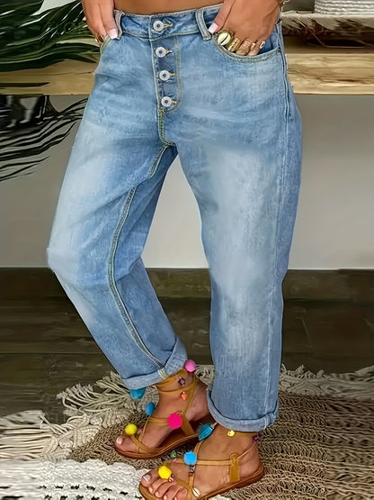 [Plus Size Denim Pants] Women's Plus Size Denim Clothing Multi-Breasted Casual Loose Autumn And Winter Straight Pants