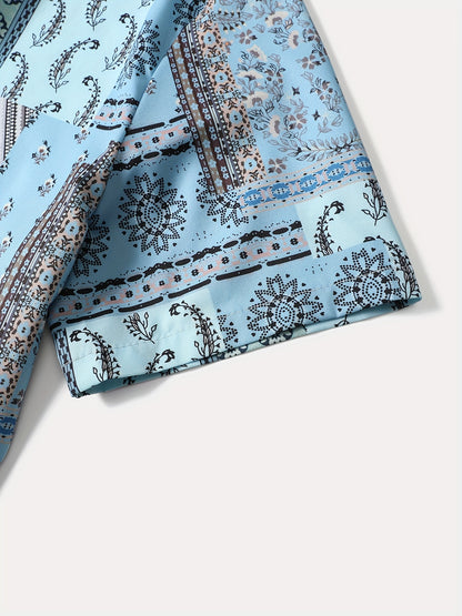 2pcs Men'S Summer Short Sleeve Button-Up Shirt and Pants Set - Light Blue Geometric Print, Casual Regular Fit with Drawstring Waist, Non-Stretch Fabric, Perfect for Casual Attire, Everyday Clothing | Geometric Print Shirt | Woven Fabric Shirt