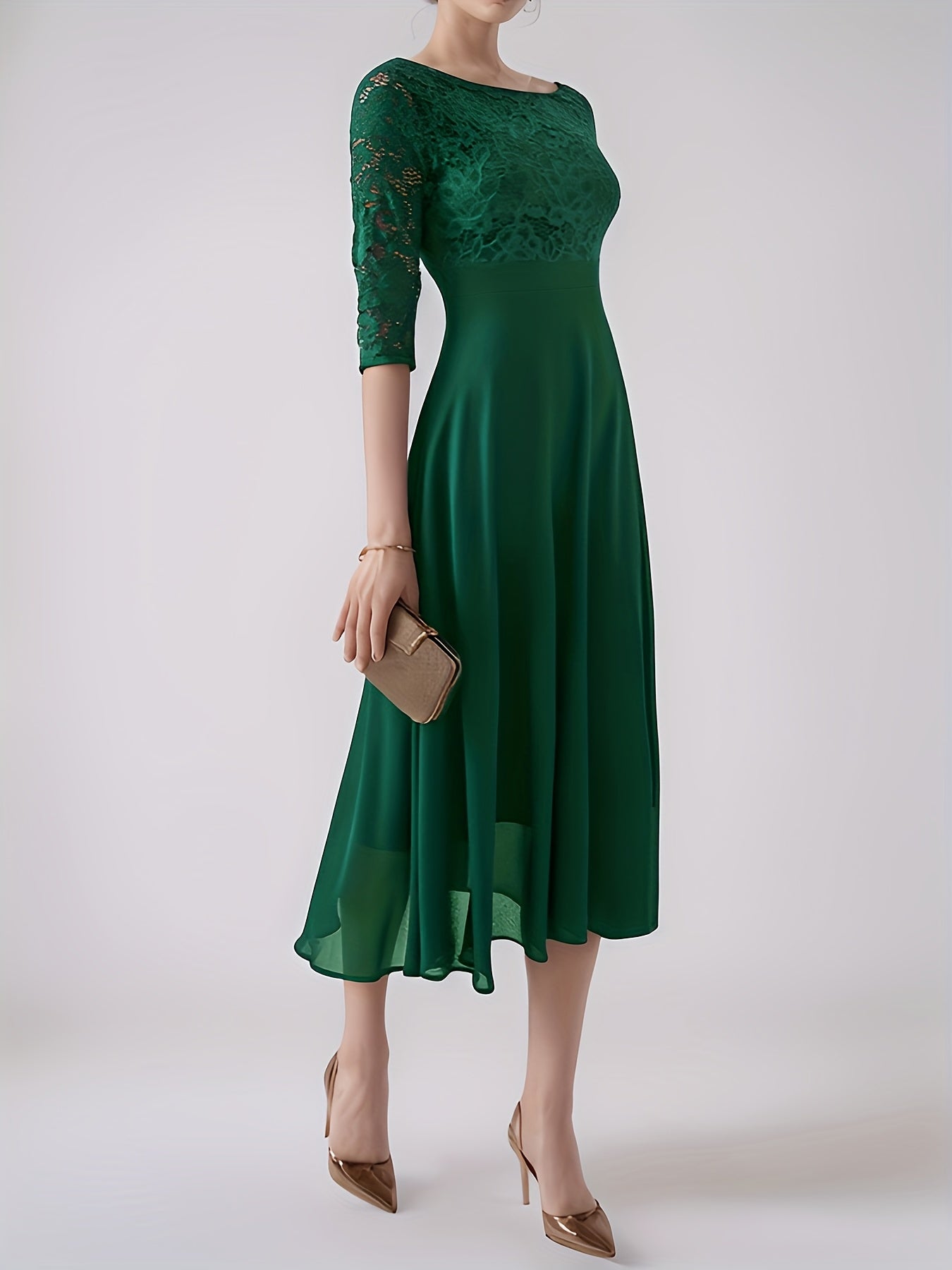Elegant Navy Blue Lace-Trimmed Chiffon Evening Gown with Short Sleeves And Flowing Skirt, Perfect for Formal Events And Parties, Formal Evening Gown