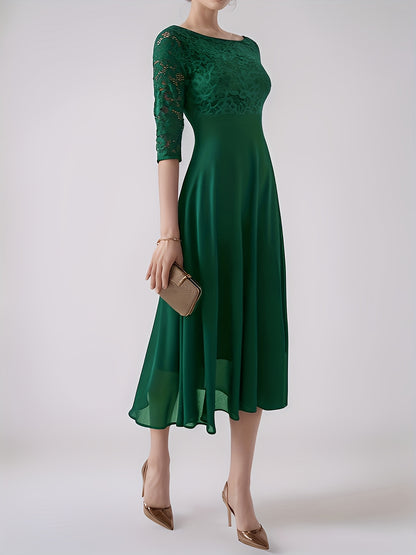 Elegant Navy Blue Lace-Trimmed Chiffon Evening Gown with Short Sleeves And Flowing Skirt, Perfect for Formal Events And Parties, Formal Evening Gown