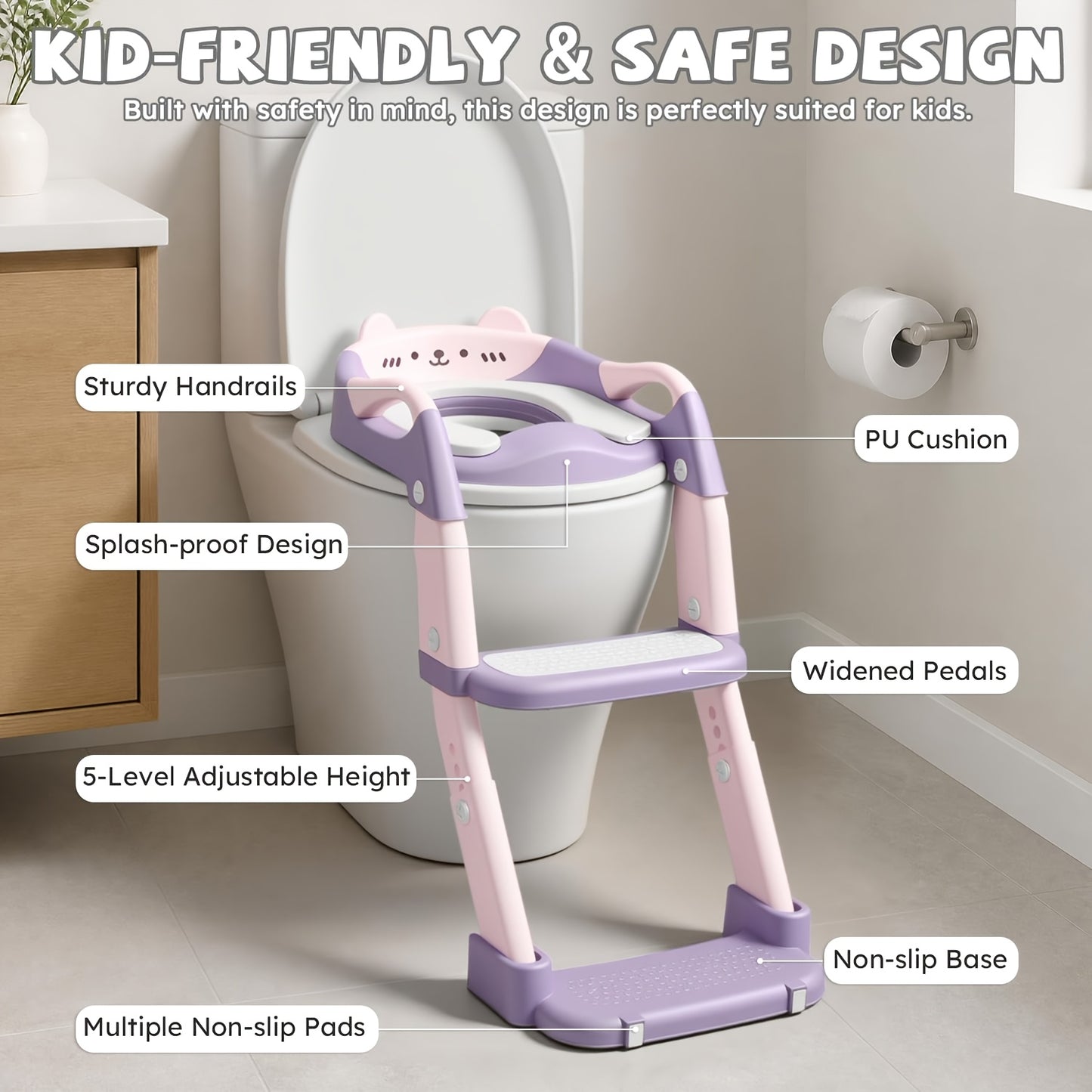 3-in-1 Potty Training Seat & Training Toilet & Potty Chair, Height Adjustable Toddler Toilet Seat for Kids Boys Girls, Foldable Potty Training Toilet with Splash Guard and Anti-Slip Steps