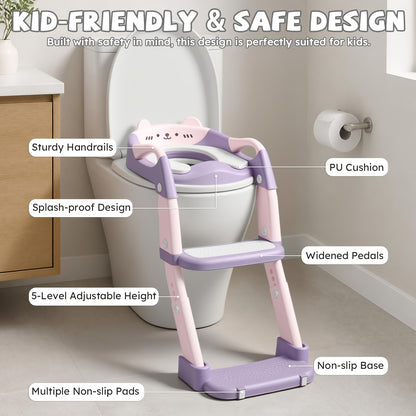 3-in-1 Potty Training Seat & Training Toilet & Potty Chair, Height Adjustable Toddler Toilet Seat for Kids Boys Girls, Foldable Potty Training Toilet with Splash Guard and Anti-Slip Steps