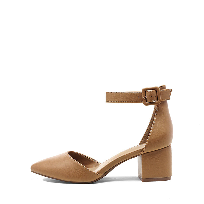 Pointed Toe Low Chunky Heels Pump Shoes Women Pumps with Ankle Strap