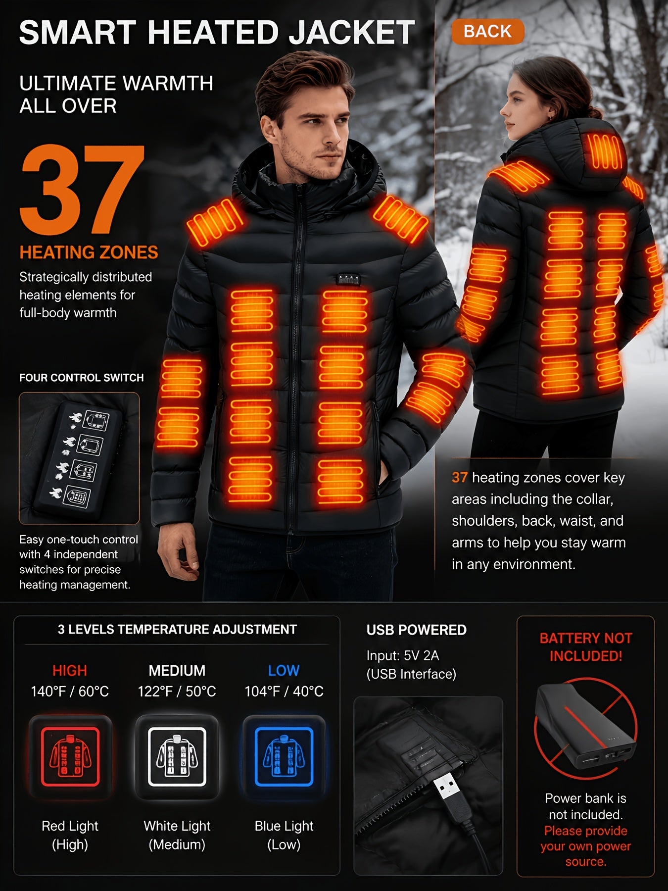 Heated Jacket with Pocket Pullover, Couple's Style Coat, Suitable for Outdoor Activities In Autumn And Winter, New Year's Outfit, Birthday Gift, Three Adjustable Temperature Settings, USB Interface (battery Not Included)