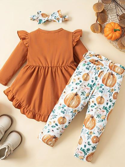 Toddler Baby Girl Halloween Outfits Long Sleeve Pumpkin Print Shirt Pants Baby Girl Thanksgiving Fall Clothes, Perfect for Outdoor