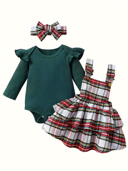 Baby Autumn And Winter Clothing Set Baby Girls 0-18 Months Romper And Plaid Strap Skirt And Headband, for Outdoor