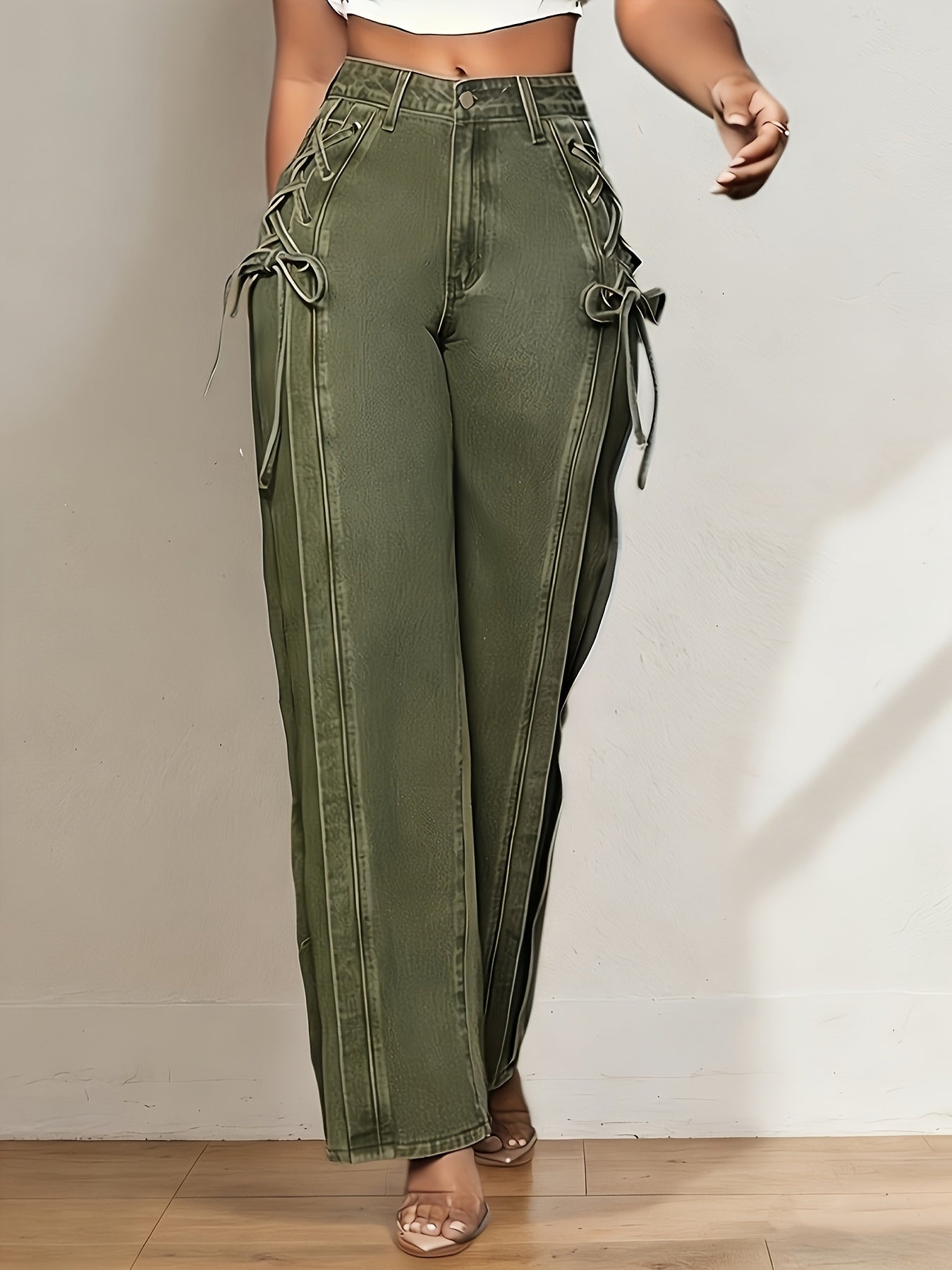 Wide-Leg Straight Jeans for Women Featuring a Side Tie-Up Bow Design, Mid-Rise Relaxed Fit, Ideal for Casual Streetwear, Vacations, Work, And Daily Use, with a Y2K Retro Vibe