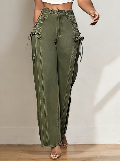 Wide-Leg Straight Jeans for Women Featuring a Side Tie-Up Bow Design, Mid-Rise Relaxed Fit, Ideal for Casual Streetwear, Vacations, Work, And Daily Use, with a Y2K Retro Vibe