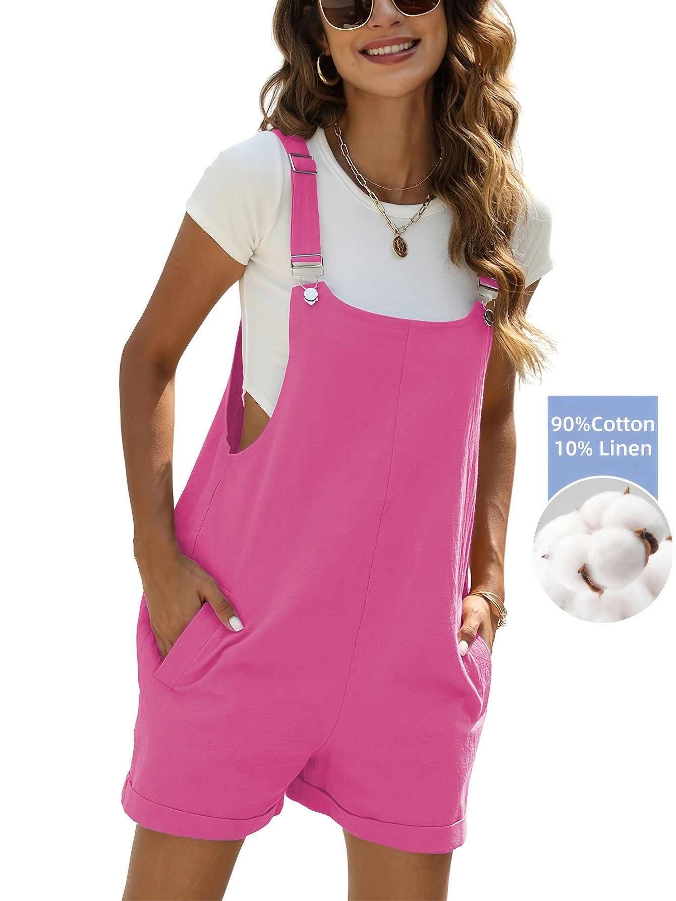 Women'S Linen Stylish Short Overalls Casual Summer Bib Shortalls With Pockets