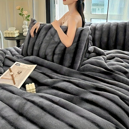 Faux Rabbit Fur Throw Blanket - Double-Layer Reversible Softness