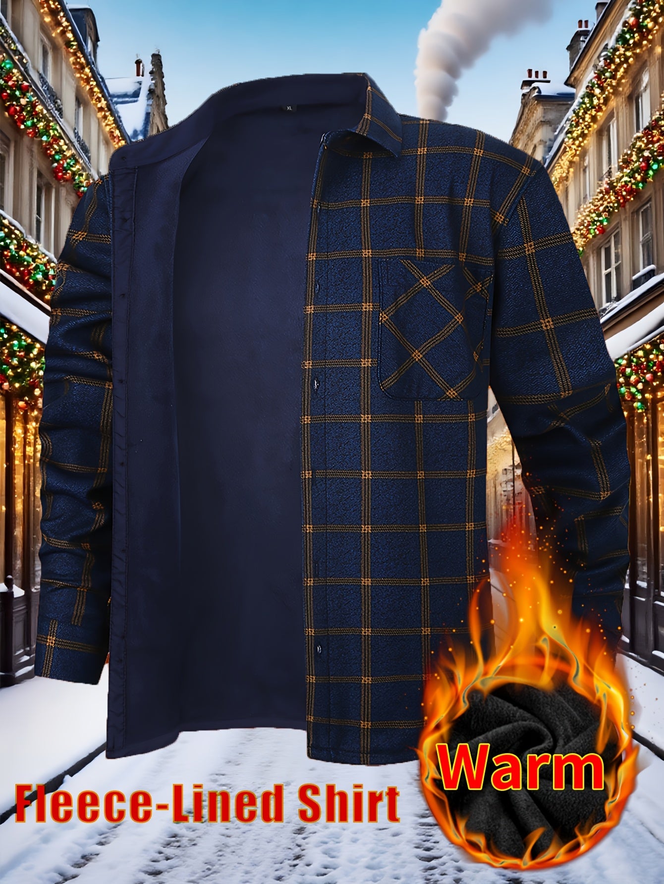 Men's Winter Flannel Plaid Shirt - Thick Warm Fleece-Lined Long Sleeve with Dual Chest Pockets, Casual Button-Up Collar for Cold Weather, Wrinkle-Resistant Soft Plaid Pattern in Navy/Red, Winter Clothes for Men, Mens Winter Clothes