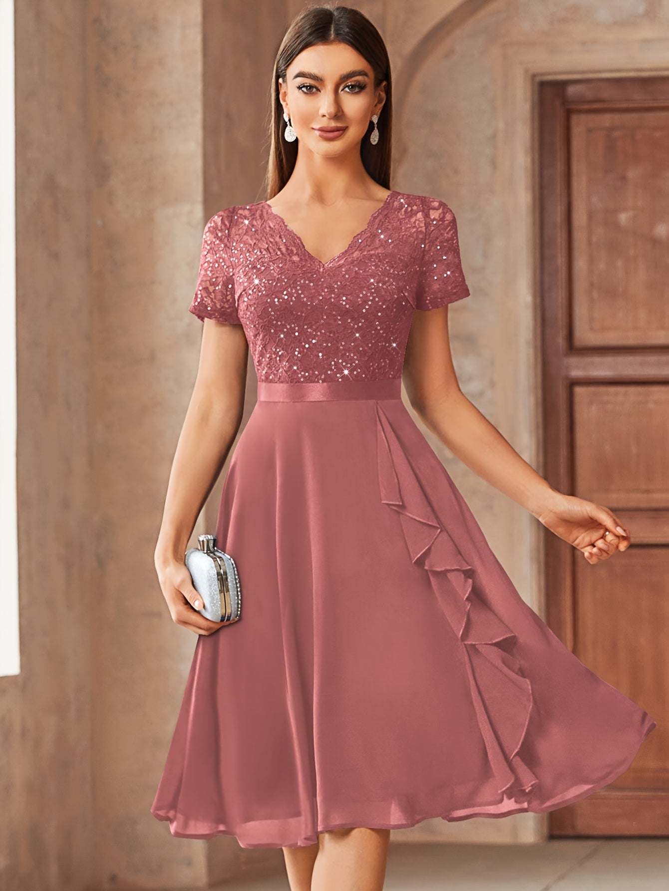 24224 Elegant Womens Sequin Lace Chiffon A Line Bridesmaid Dress, V Neck Short Sleeves, Ruched Ruffle Hem, Perfect for Graduation Season, Wedding Season, Summer Wedding Guest, Evening Party, Cruise Party And Birthday Celebration