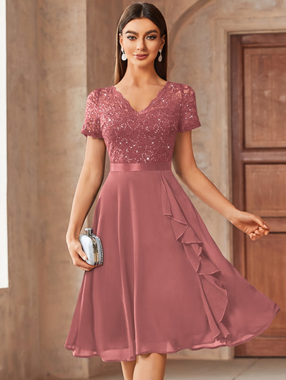 24224 Elegant Womens Sequin Lace Chiffon A Line Bridesmaid Dress, V Neck Short Sleeves, Ruched Ruffle Hem, Perfect for Graduation Season, Wedding Season, Summer Wedding Guest, Evening Party, Cruise Party And Birthday Celebration