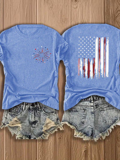 Women'S Summer Crew Neck Short Sleeve T-Shirt, Lightweight & Breathable, American Flag & Fireworks Print, Casual Street Style Top For Daily Wear & Patriotic Celebrations, Comfortable Athletic Outfit