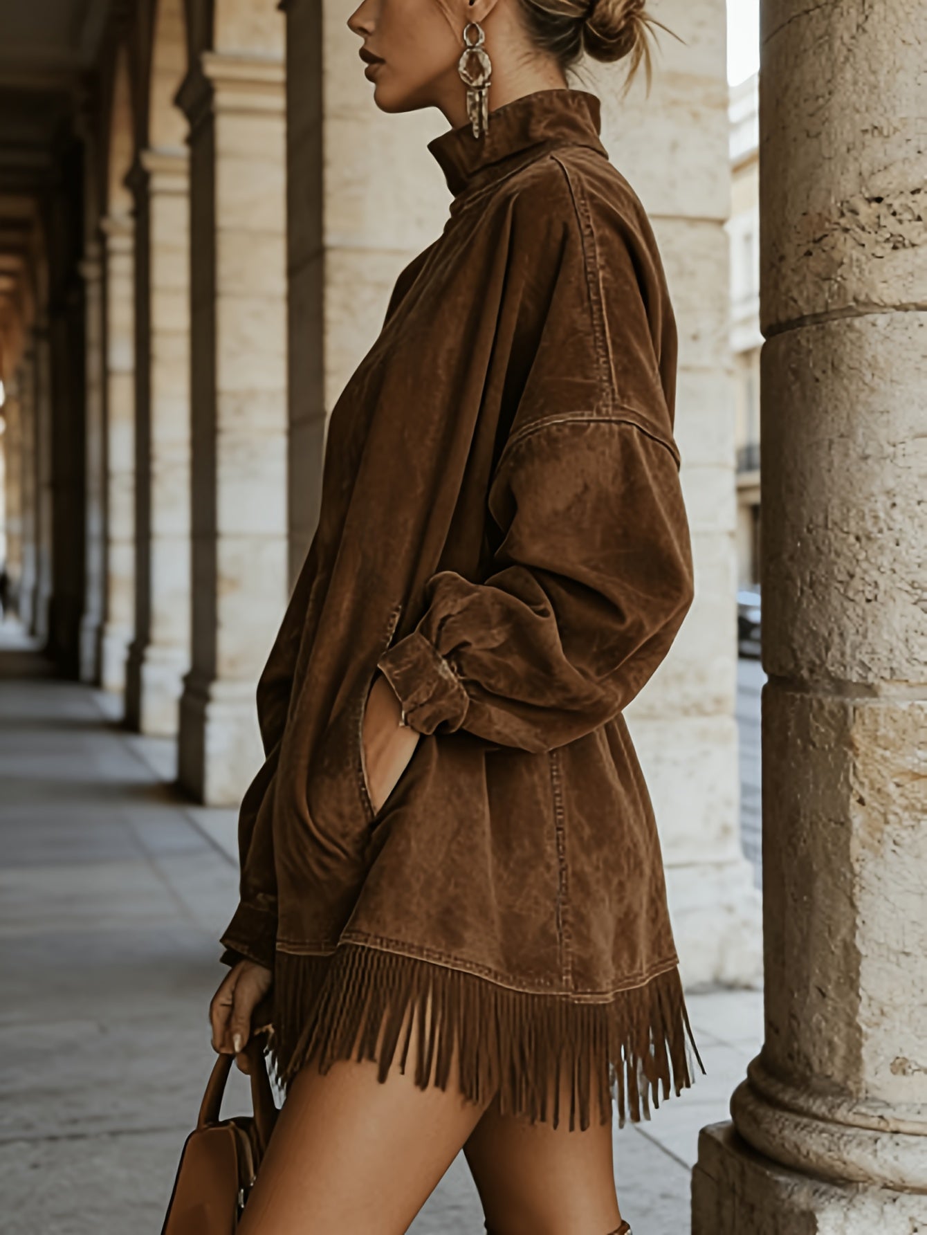 [Lightweight Fringed Skirt] Summer Women's Lightweight Breathable Fringed Mini Skirt, Retro High-Neck Dress, Loose-Padded Long-Sleeved Fringed Skirt
