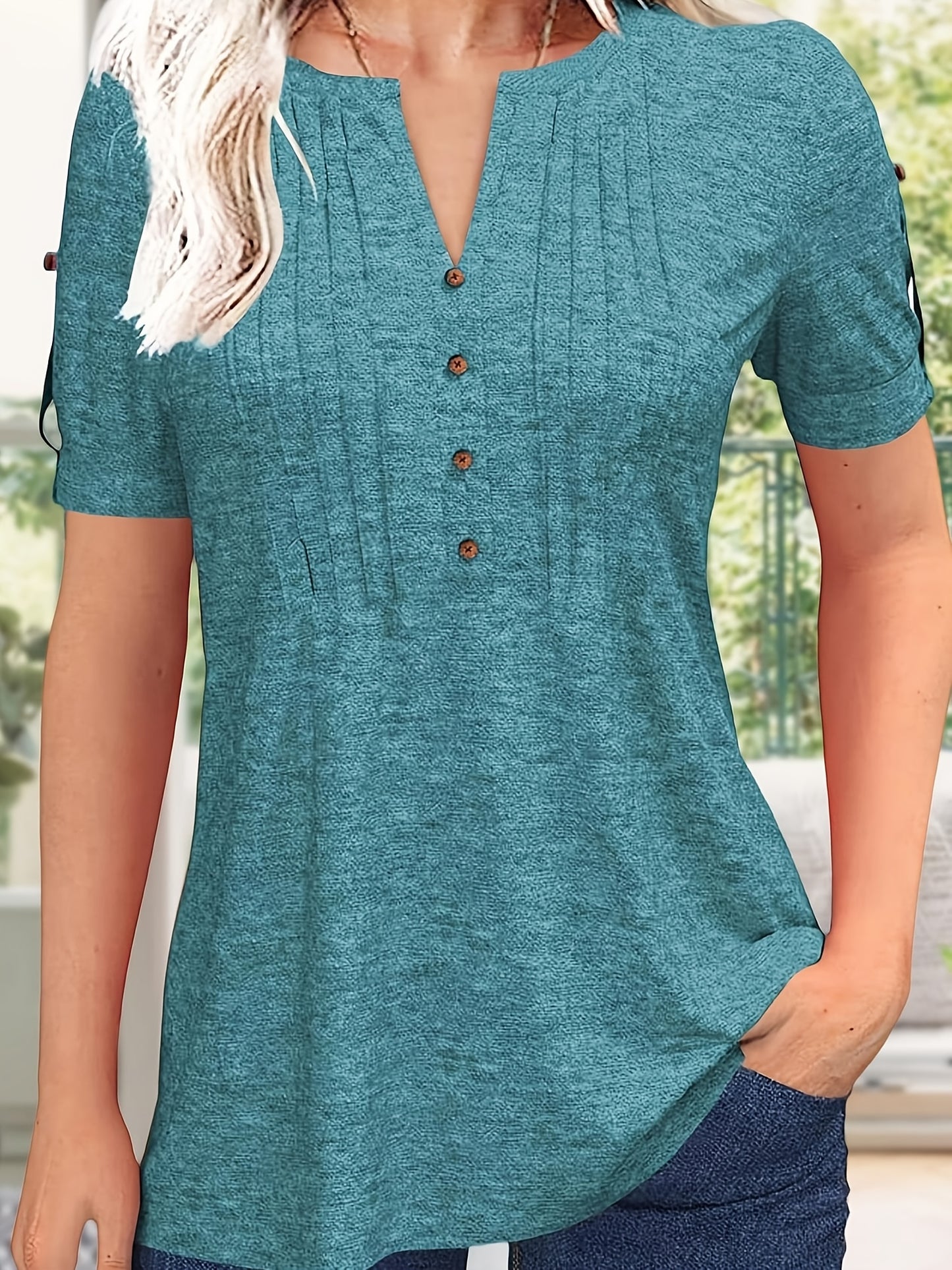 Women's Green Viscose V-Neck Pleated T-Shirt - product view 26