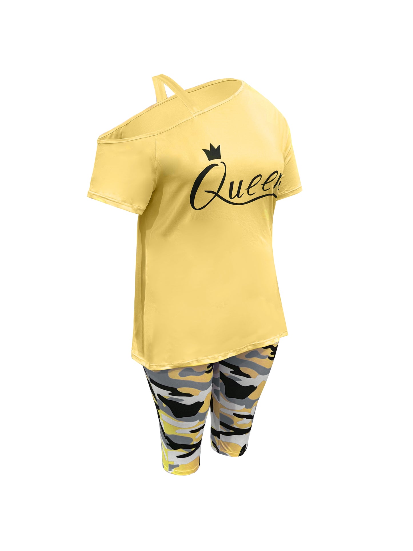 Plus Size - Ladies Plus Size Daily Casual One-Shoulder Short Sleeve Two-Piece Outfit, Diagonal Shoulder Design, Slim Fit Camouflage Pants Suit With Letter Print.