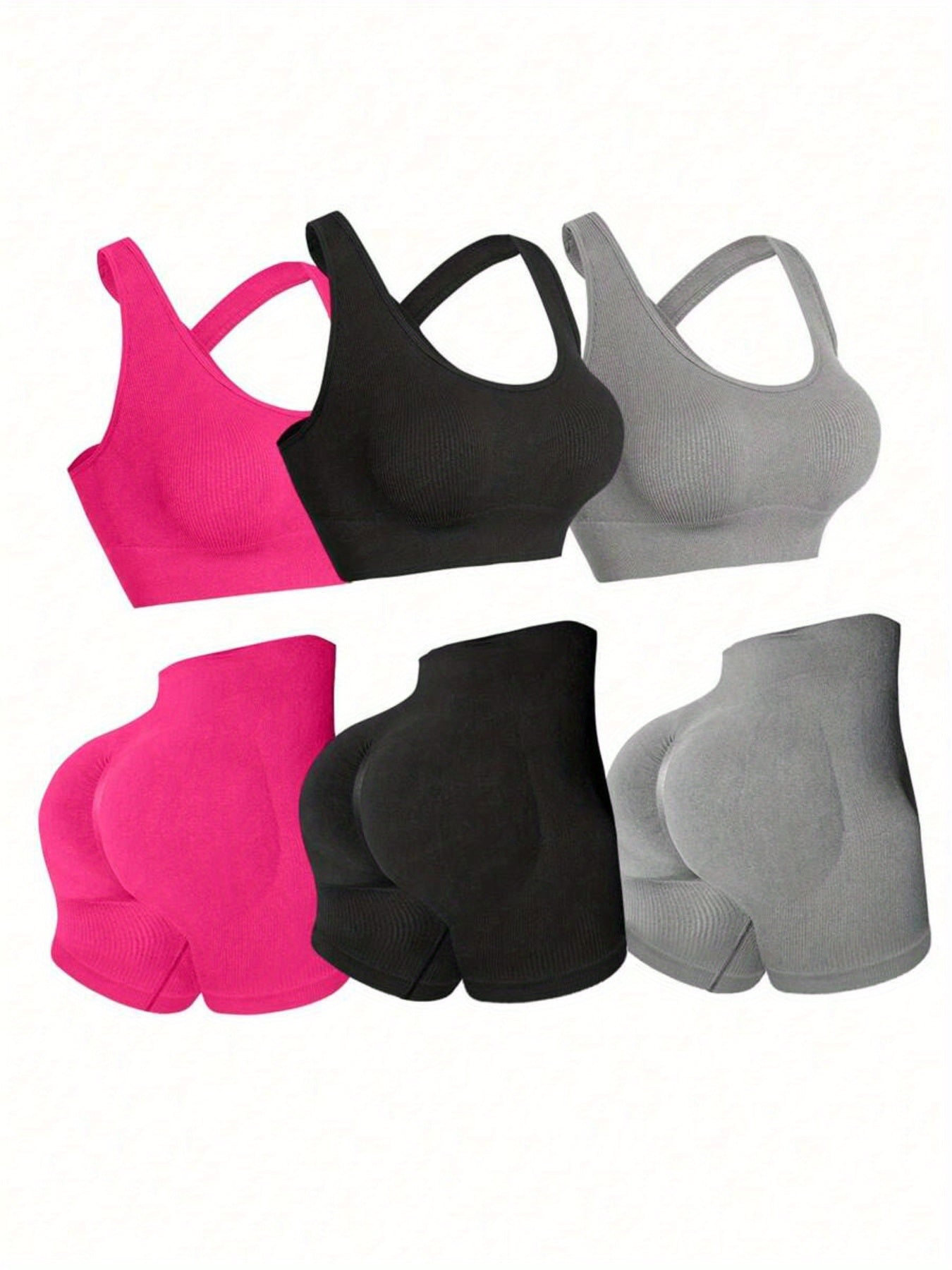 Three Sets of Seamless Women'S Sportswear Suits, Featuring High Elasticity, See-Through Back Bras And Tight-Fitting Short Pants for Enhancing Buttocks