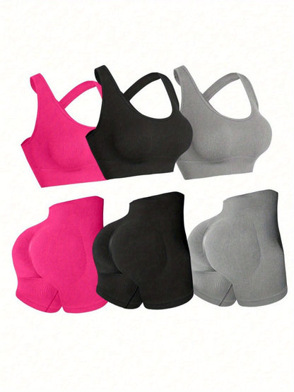 Three Sets of Seamless Women'S Sportswear Suits, Featuring High Elasticity, See-Through Back Bras And Tight-Fitting Short Pants for Enhancing Buttocks