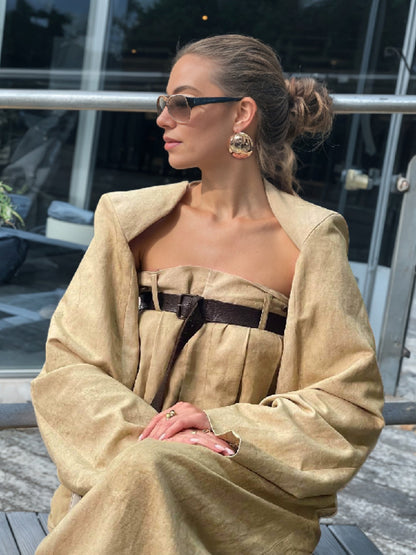 Alofi Women'S Stylish Jumpsuit Set Collarless Long Sleeve Outerwear And Strapless Wide Leg Jumpsuits Summer Loose Fit Suit