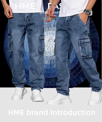 [Hme]Men'S Workwear Casual Loose Short Straight-Leg Jeans, Elastic Denim for Comfort And Relaxation, Heavy-Duty Washed Classic Western Denim in Retro Blue, Designer Multi-Pocket, Suitable for All Seasons, Machine Washable, Built-In YKK5 Zipper