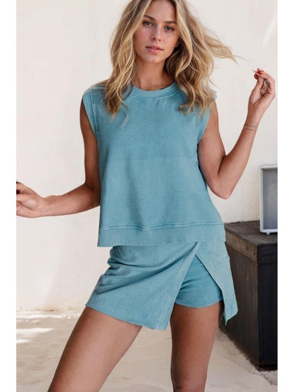 2pcs Women's New Solid Color Fashionable Casual Pure Short Sleeved T-shirt Three Piece Pants Two-piece Set