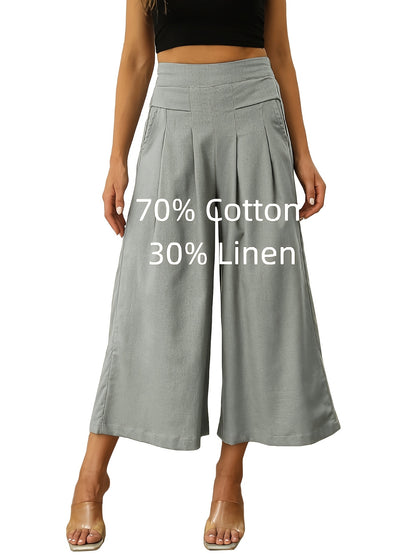 Women' Boho Linen Palazzo Wide Leg Pants - Elastic Capri Trousers with, 7/8 Length Culottes Suitable for Spring Summer Fall, Casual Solid Color Elastic Pants for Outfits & Casual Attire