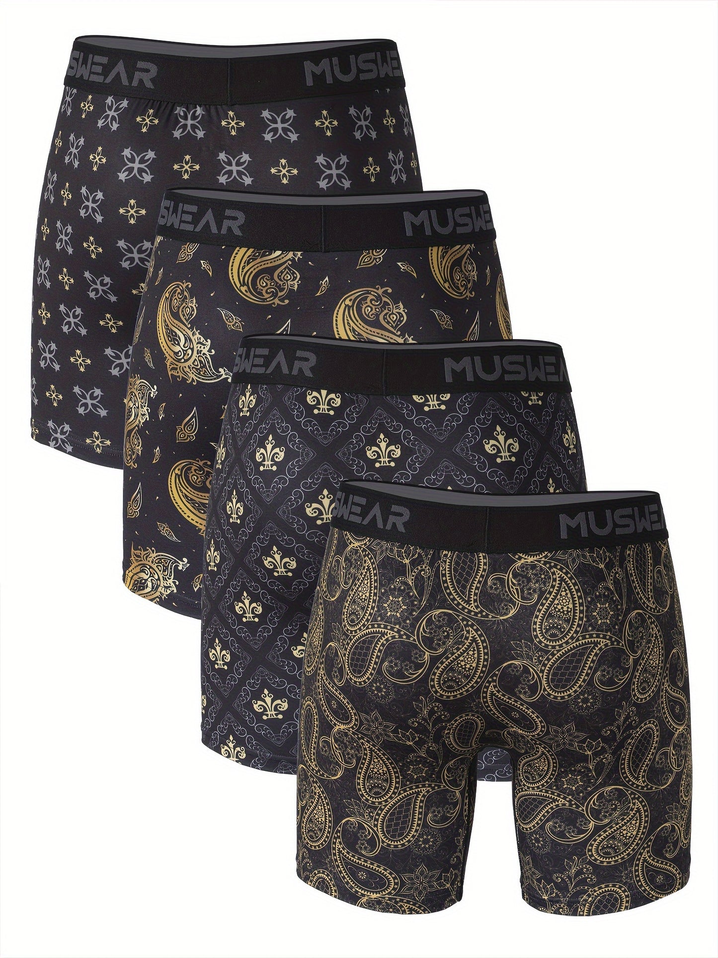 4pcs Men's Quick-Dry Boxer Briefs - Moisture-Wicking, Breathable with Side Openings, Baroque Print, Stretchy Polyester & Spandex Blend, Machine Washable