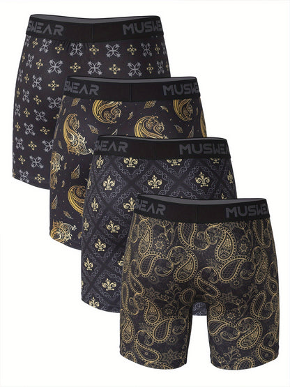 4pcs Men's Quick-Dry Boxer Briefs - Moisture-Wicking, Breathable with Side Openings, Baroque Print, Stretchy Polyester & Spandex Blend, Machine Washable