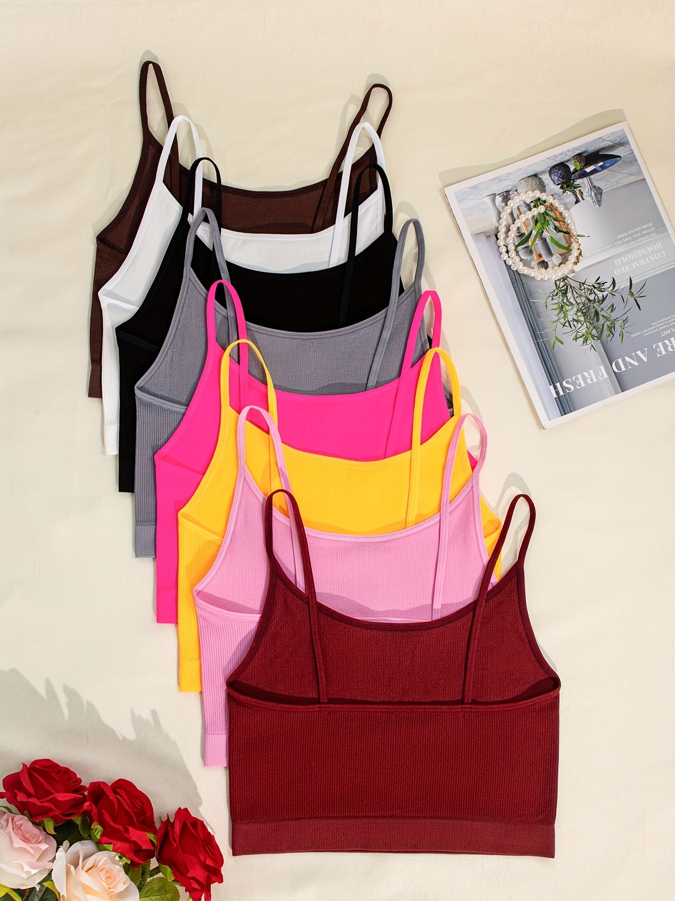 8pcs Multi-color Cute Side Stripe Sexy Strapless Ladies Casual Outerwear Camisole Tank Top & Solid Color Non-Steel Ring Breathable Comfortable Daily Bra