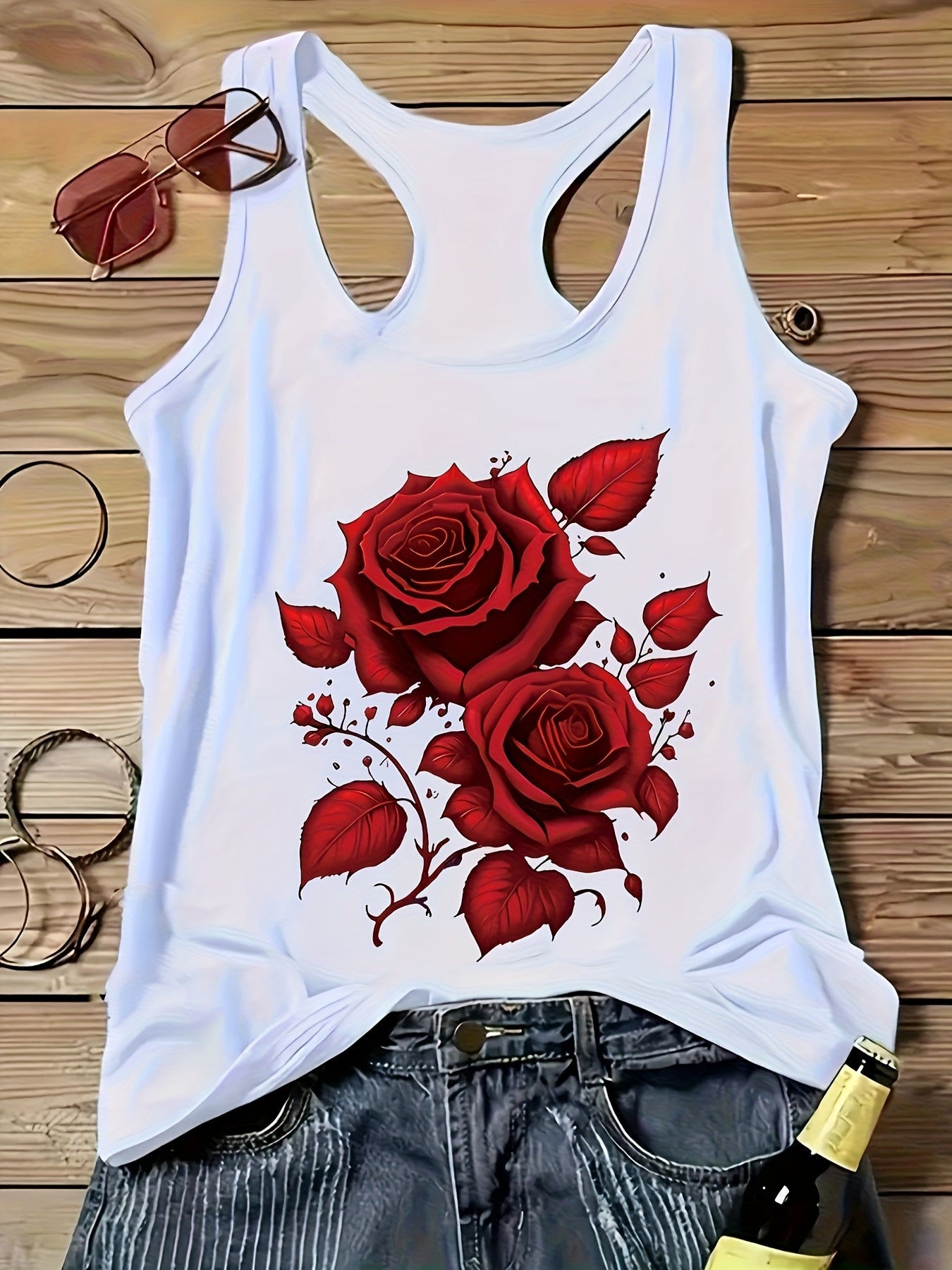 Women'S Vacation-Style Off-Shoulder Tank Top with Red Rose Print, Casual Sleeveless Shirt for Spring/Summer, Machine Washable, and Elastane Blend