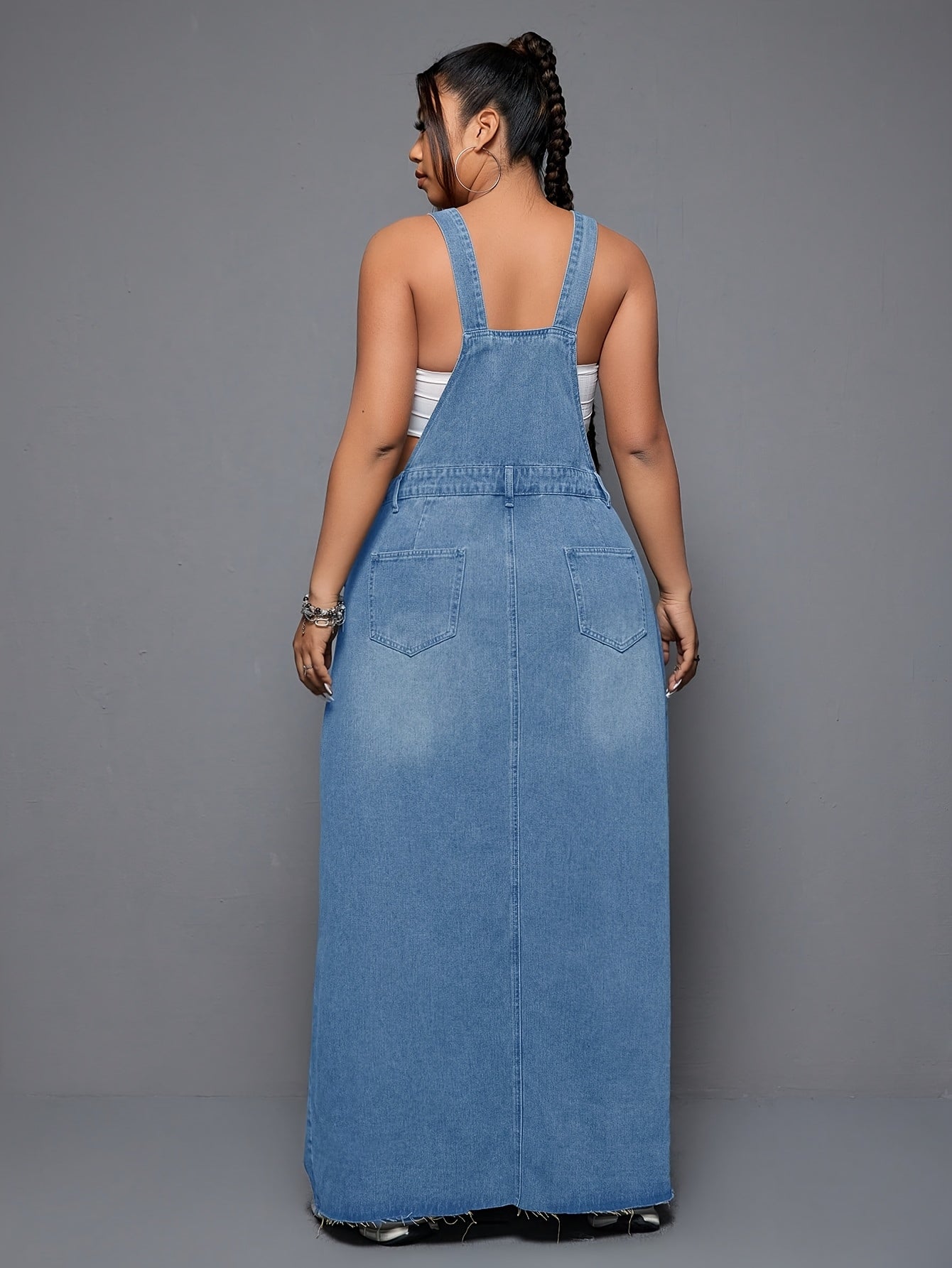 Women's Plus - Size Denim Overall Dress, High - Waisted, Washed & Distressed, Raw Hem, Adjustable Straps, Casual Long Jean Dress