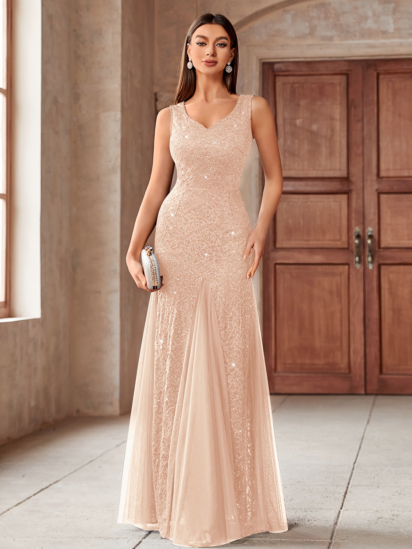 23218 Elegant Women's Sequin Lace Long Evening Bridesmaid Dress, Sweetheart Neckline Sleeveless Design with Slit Tulle Mermaid Hem, Perfect for Formal Wedding Party
