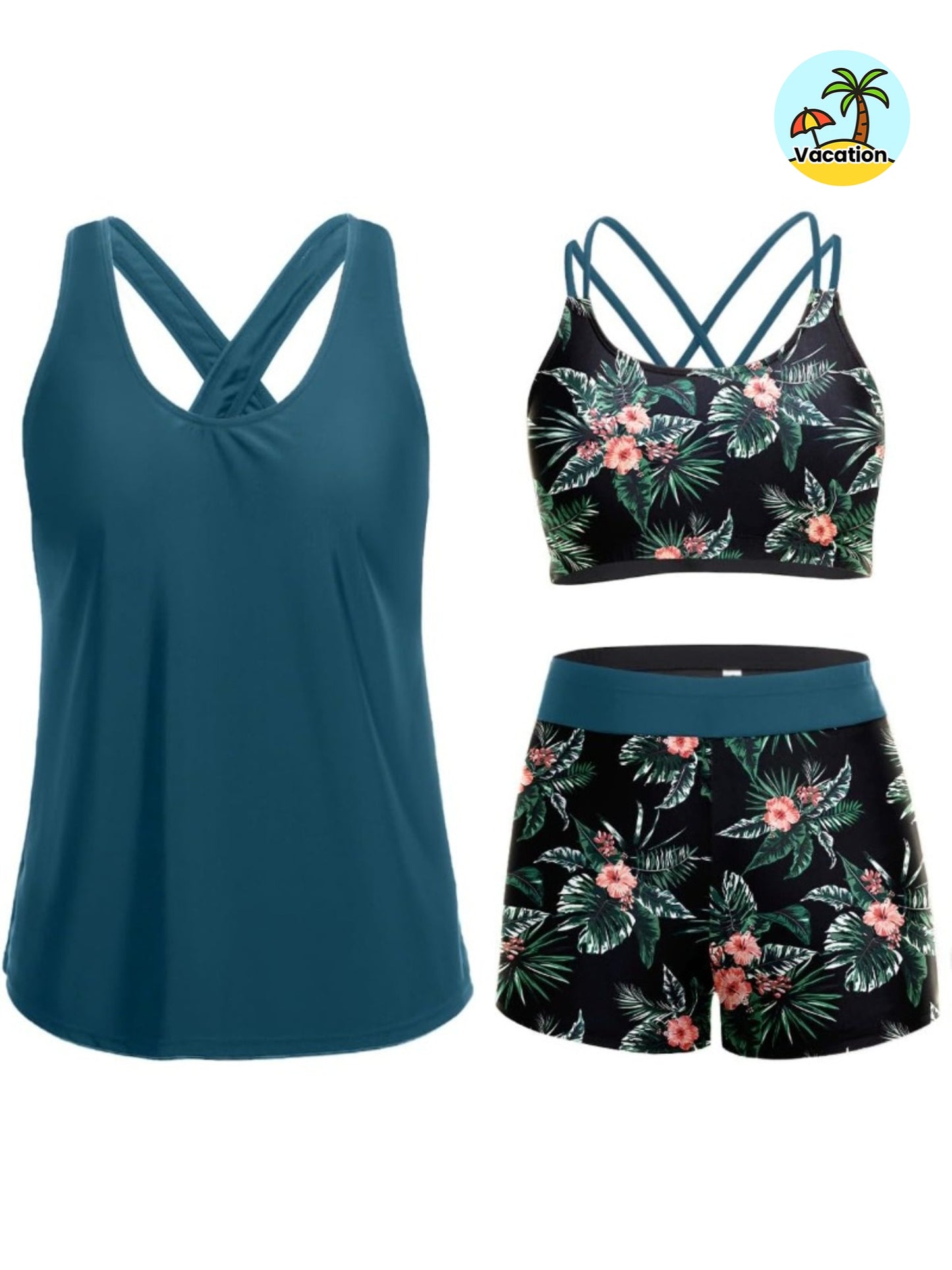 Women'S Tummy Control Tank Bikini Three-Piece Set (Including Bra Top + Shorts) - Separates Swimsuit for Women And Juniors