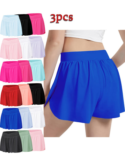 [2-In-1 Style Shorts] Set of 3 EXARUS Girls' Cross Shorts with Butterfly Design for Cheer And Dance, 2-In-1 Style with Pocket, Suitable for Ages 6 to 14 for Sports And Running