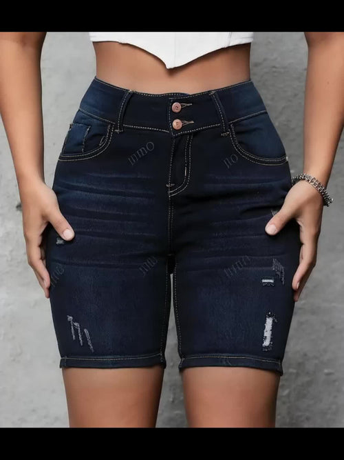 Women's Stretch Denim Shorts - Slim Fit Double-Button Ripped Knee Casual Summer Shorts, Machine Washable Mid-Stretch Comfort for Spring/Summer Outfits, Spring Fashion, Durable Fabric