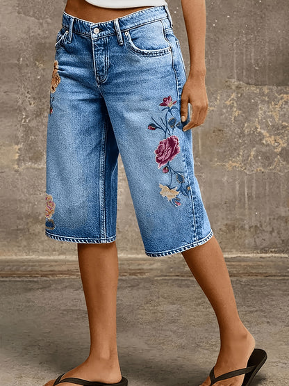 Women'S Denim Shorts, Spring And Summer Embroidered Washed Flower Embroidered Mid-Waist Straight Leg Cropped Jeans