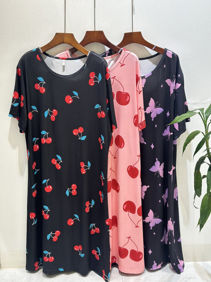 Set of 3 Plus-Size Nightgowns for Women Featuring a Casual Tie-Dye Print with Fruit And Cherry Designs in Shades of Pink