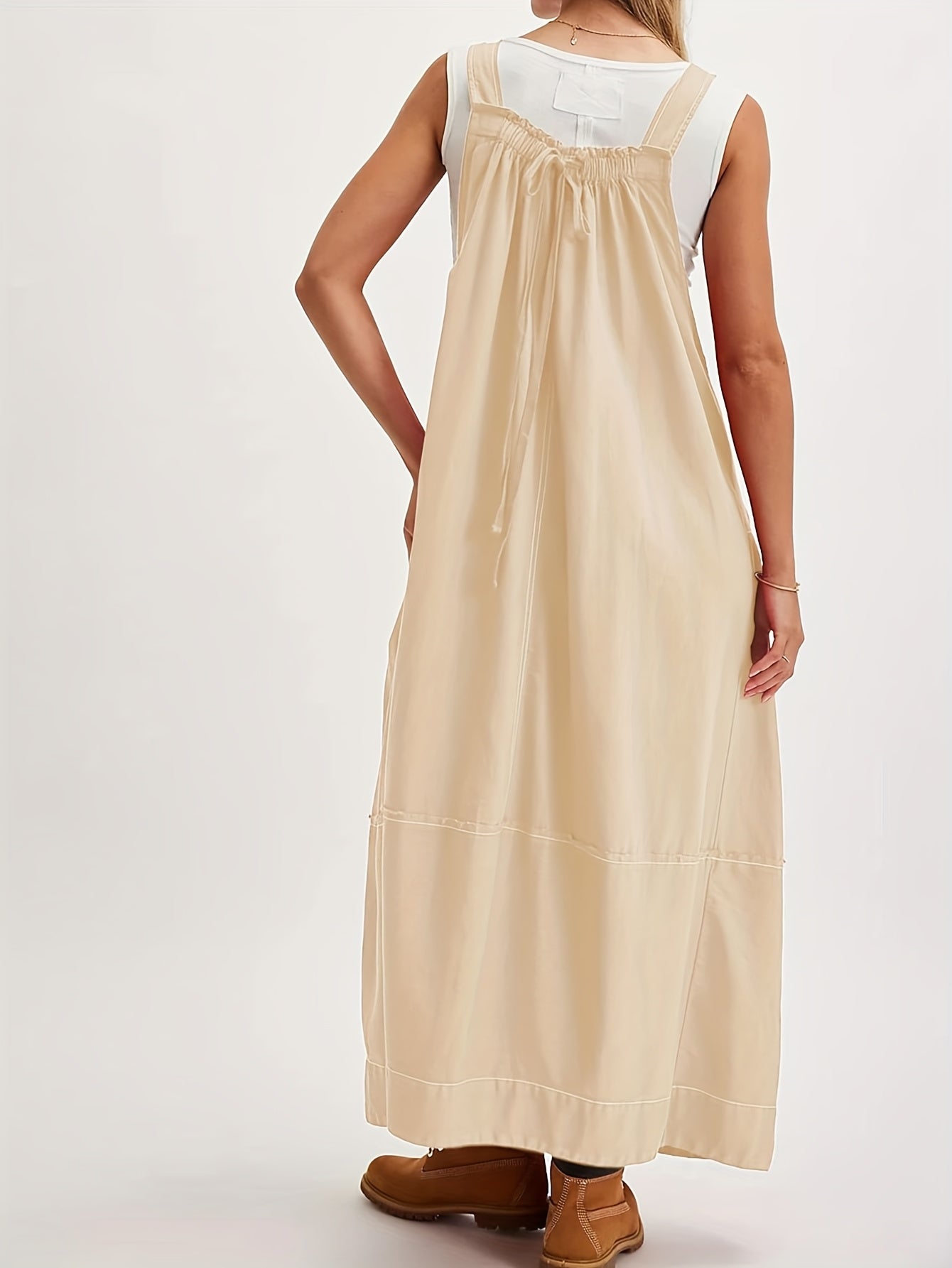 [Loose Midi Dress] Women's Loose Adjustable Strap Midi Overall Dress with Big Pockets in Workwear Style