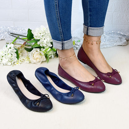 Women's Round Toe Ballet Flats with Bow Detail - Lightweight Breathable Faux Cover, Soft Foldable TPR Sole, Elastic Opening for Easy Slip-On, Casual & Formal Wear (Navy, Burgundy, Black), Ballet Shoes
