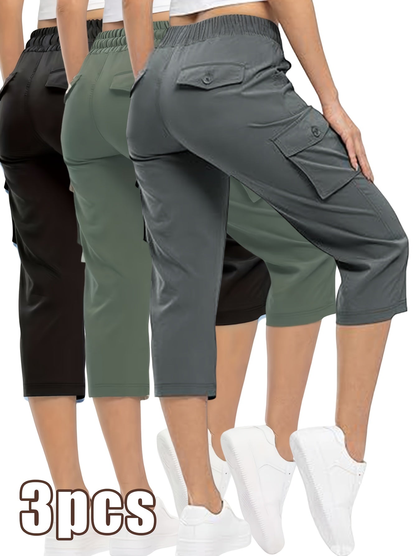 3pcs Women'S Fashionable Cargo Capri Pants for Summer, with Elastic Waistband And Pockets - Casual Sports Capri Pants, Breathable Blend