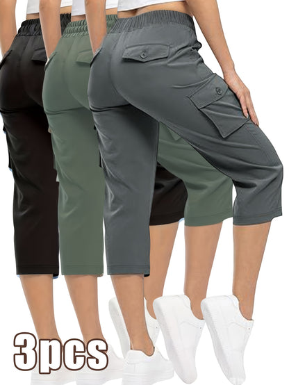 3pcs Women'S Fashionable Cargo Capri Pants for Summer, with Elastic Waistband And Pockets - Casual Sports Capri Pants, Breathable Blend