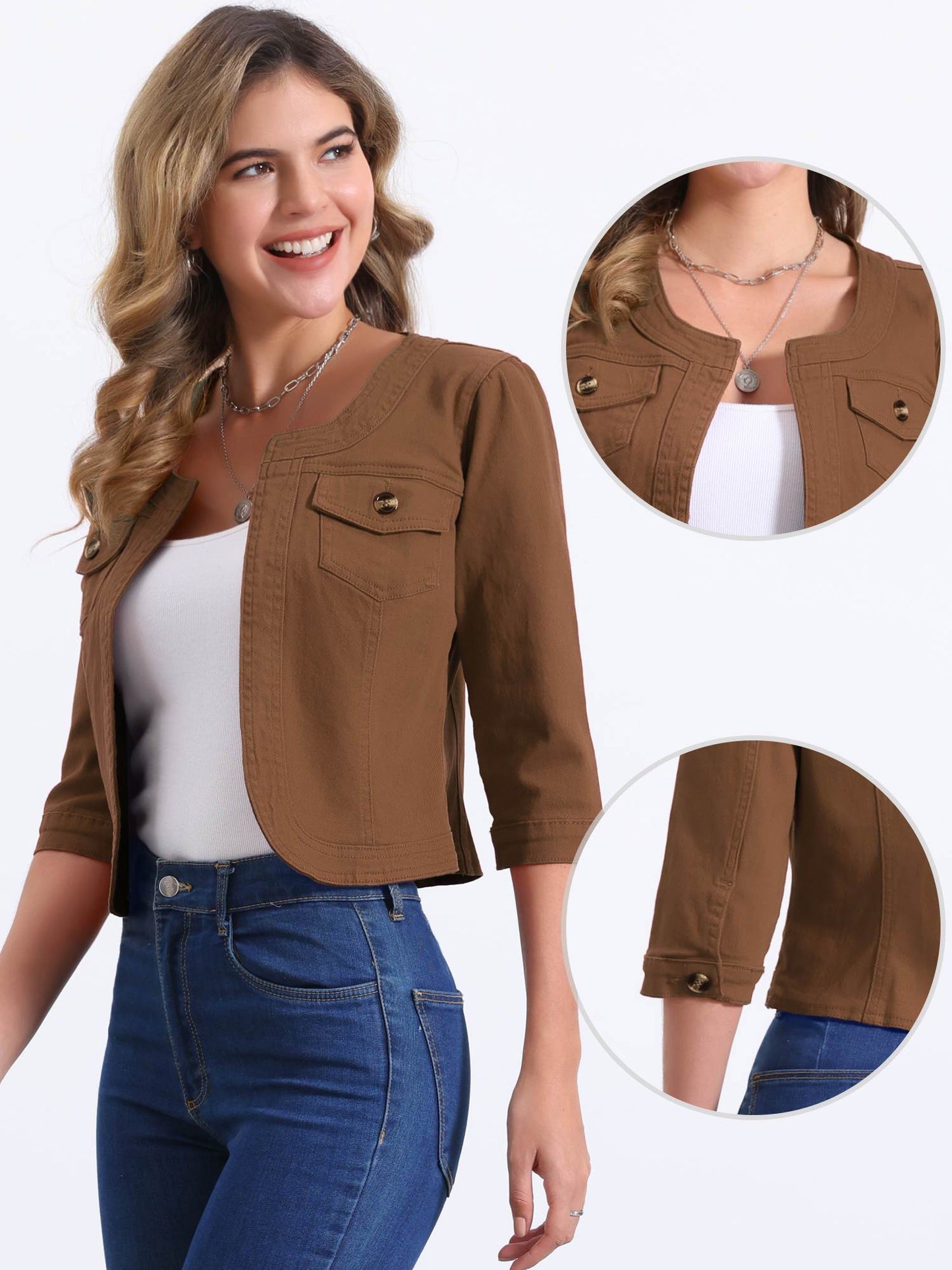 Denim Jacket for Women' S Collarless 2025 Cardigan 3/4 Sleeve Crop Jean Jackets