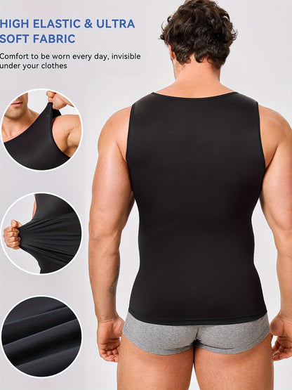 Men' Compression Shirt & Body Shaper Vest - High-Elastic Workout Tank Top with Abdominal Toning, Tight-Fit Shirt Suitable for Gym, Post-Surgery, Year-Round Wear, Solid Color Round Neck Undershirt
