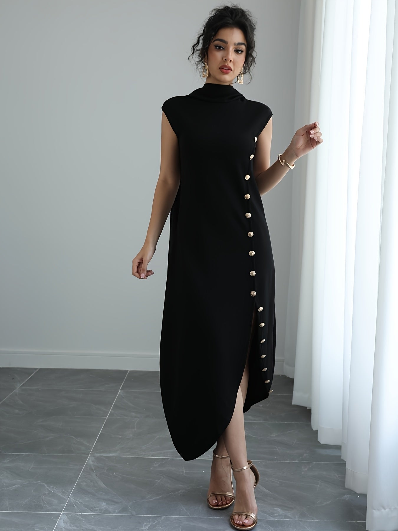 Women'S Elegant High Neck Sleeveless Maxi Dress with Shawl Collar & Split Hem - Solid Color A-Line Silhouette, Floor-Length to Mid-Calf Length Adjustable Maxi Dress for Spring Summer Fall, Casual to Formal Events, Wrinkle-Resistant Fabric (No Lining) - Ve