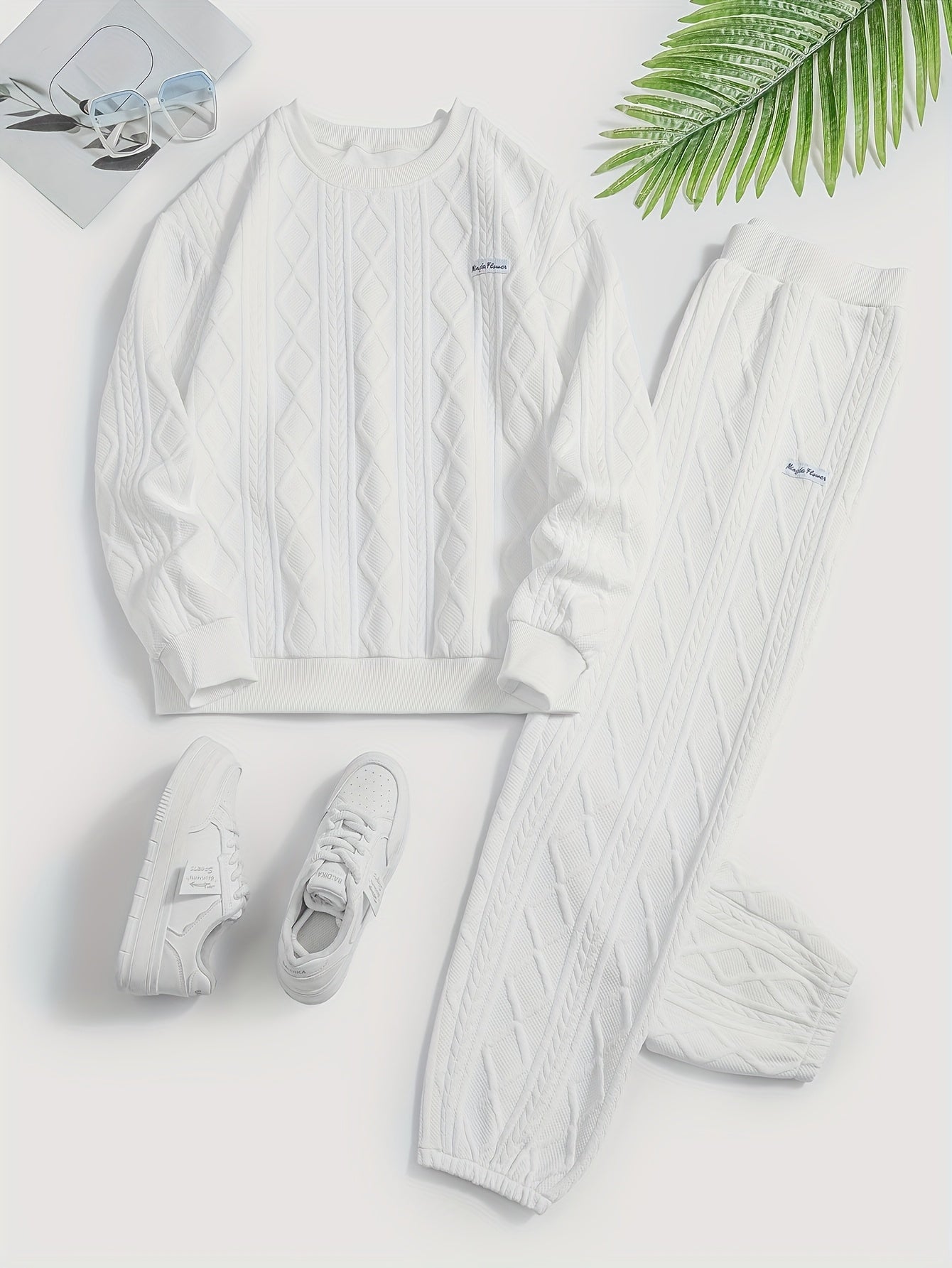 Women's Casual 2pcs Pullover Set - Consists Of A Textured Solid Color Jacquard Long-sleeve Crewneck Top And Sweatpants, High-quality Fabric, Women's Suit, Women's Summer Clothing, Sweatsuits Women 2pcs Women Clothing