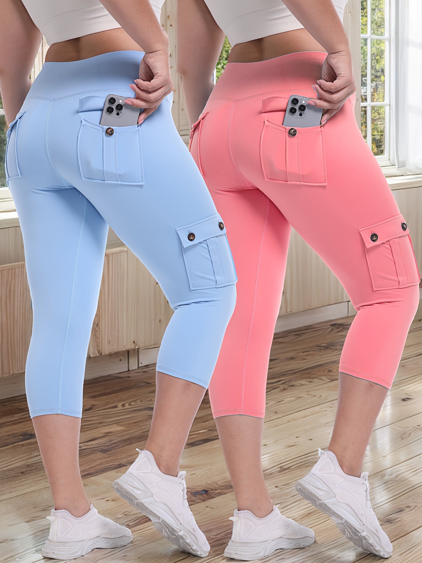 2pcs-Black & Pink High-Waist Leggings - product view 8